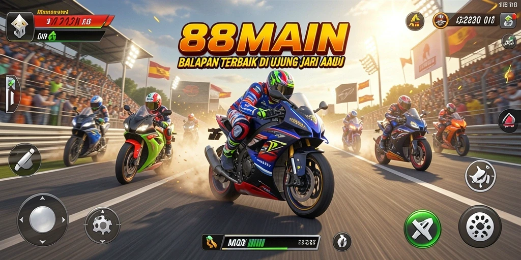 Tampilan gameplay 88MAIN yang mendebarkan saat balapan motor.
