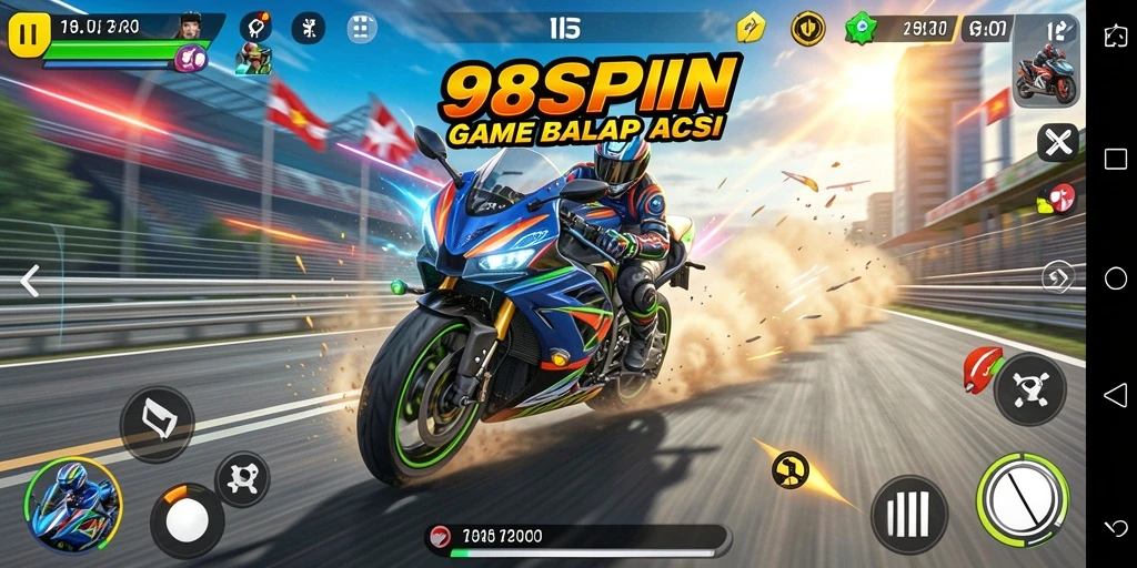 Screenshot gameplay 98SPIN yang menunjukkan aksi balap motor yang seru.