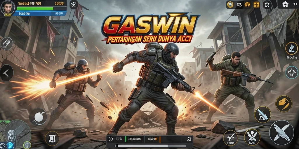 Tangkapan layar utama GASWIN menampilkan aksi seru dan pertarungan mendebarkan.