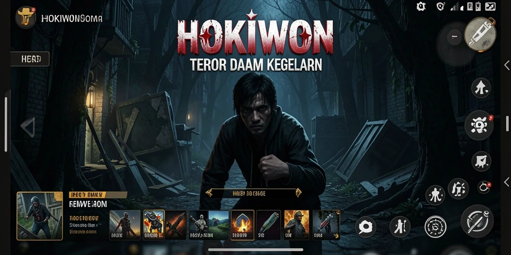 Screenshot HOKIWON menunjukkan suasana menyeramkan saat menjelajahi ruangan gelap.