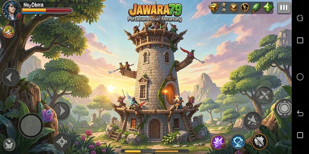 Screenshot gameplay JAWARA79 menampilkan aksi menara pertahanan yang mendebarkan.