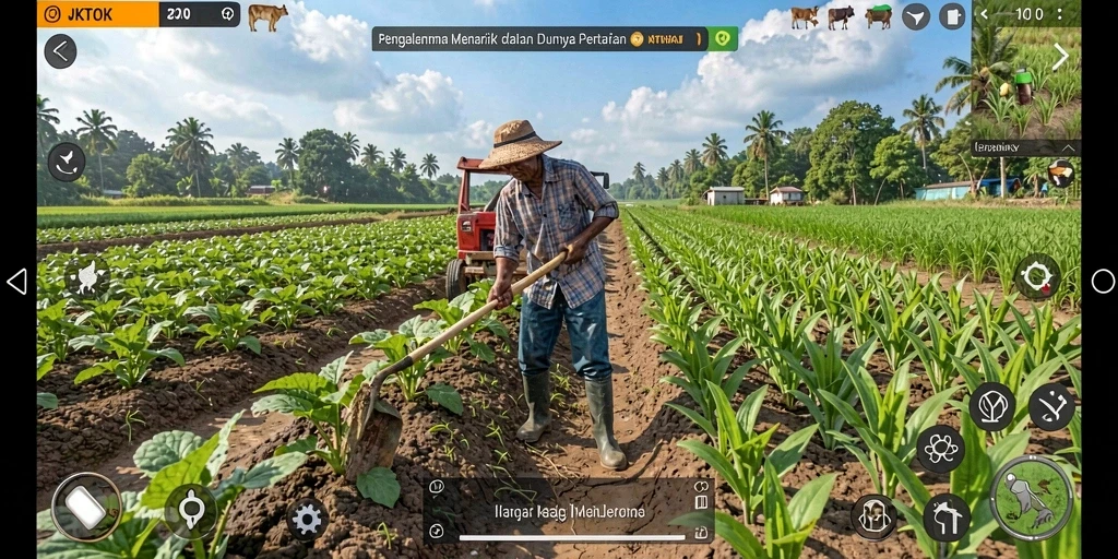 Screenshot gameplay JKTOK dengan petani merawat tanaman.
