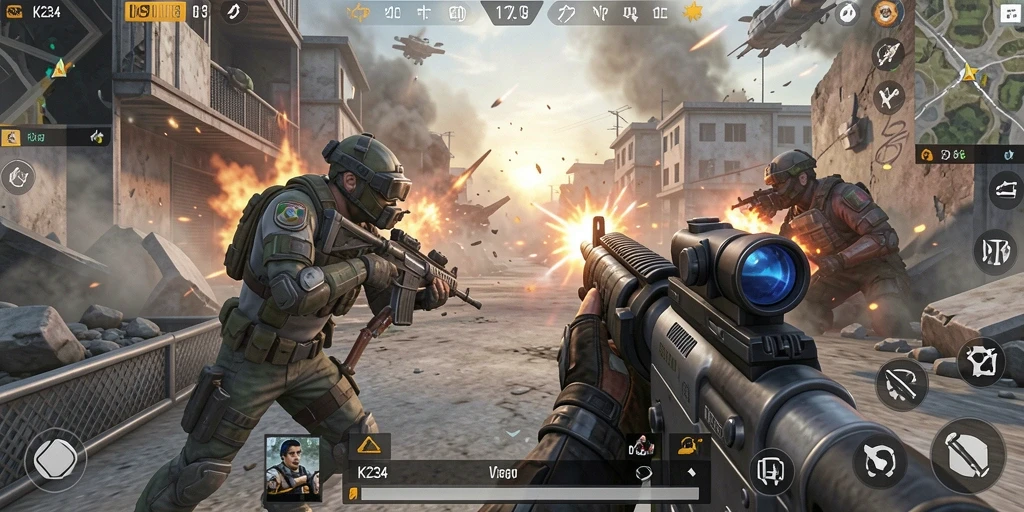Screenshot gameplay K234 menampilkan aksi tembak-menembak yang intens.
