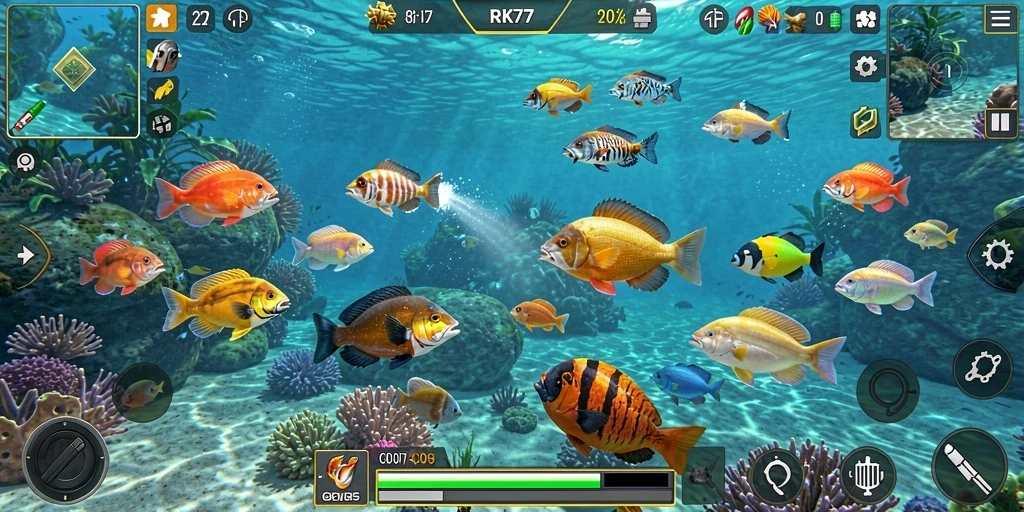 Screenshot gameplay RK77 menampilkan serunya berburu ikan.