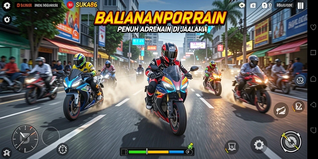 Screenshot gameplay SUKA86 dengan aksi balapan motor yang seru.