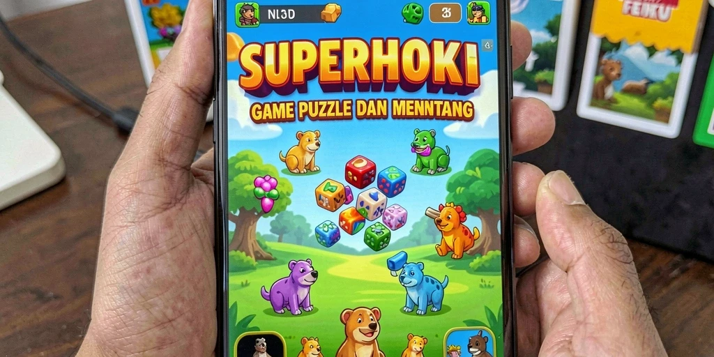 Screenshot SUPERHOKI menampilkan gameplay puzzle yang penuh warna.